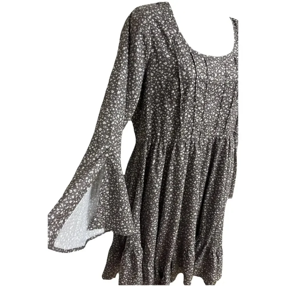 Mia Joy Womens Medium Floral Dress Gray Long Sleeve Empire Slit Sleeve Scoop New - Picture 3 of 10